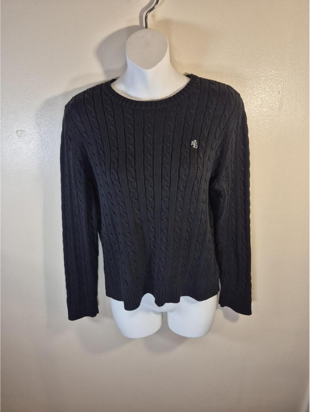 Lauren Ralph Lauren Sweater Womens P/M Black Cable Knit,Quiet Luxury,Logo,Preppy